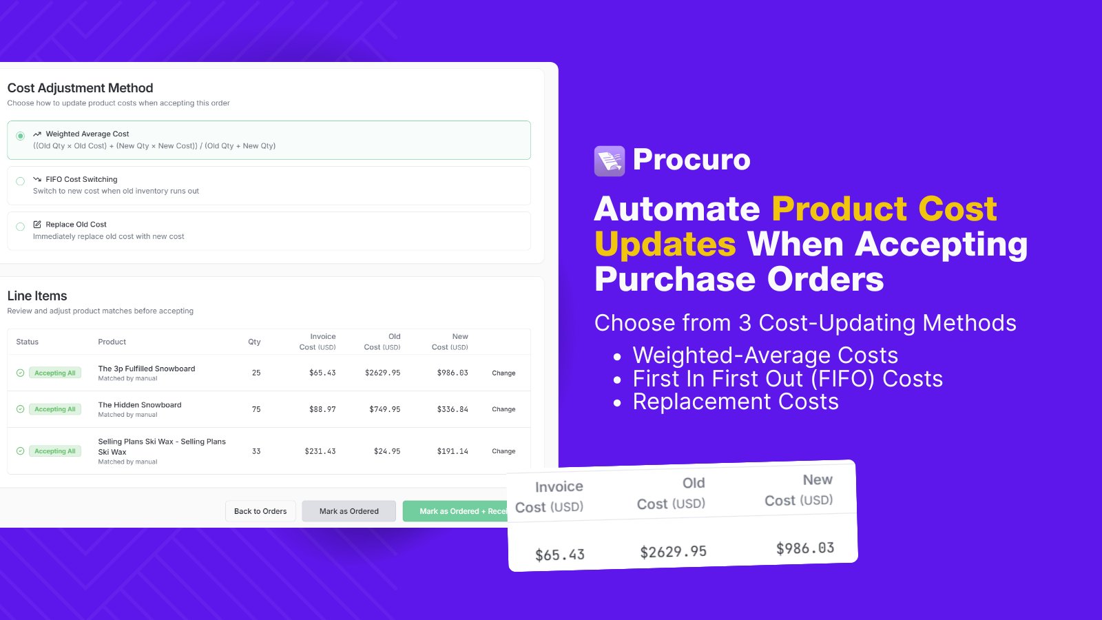 Procuro automatic product cost update settings