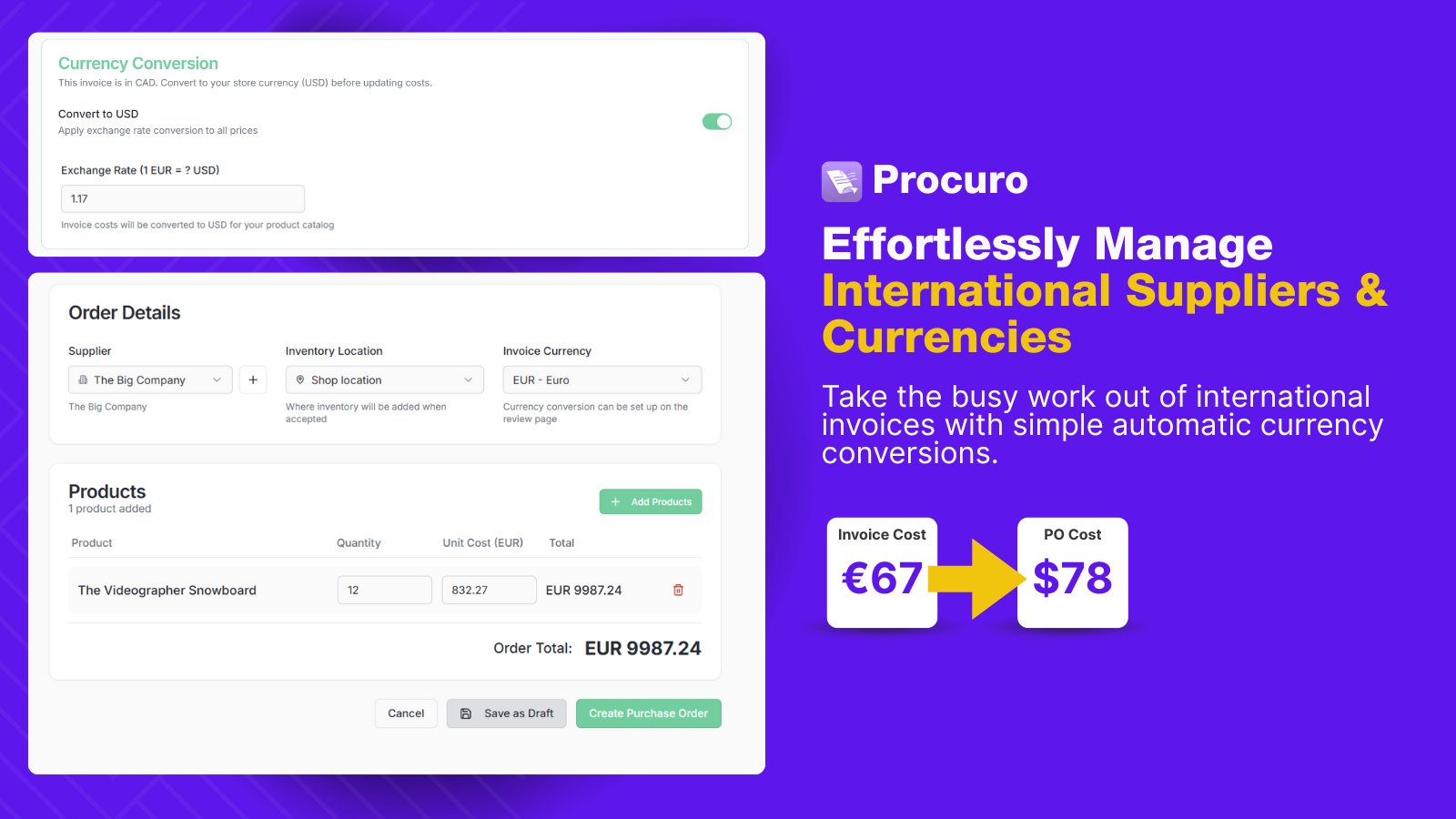 Procuro invoice currency conversion screen